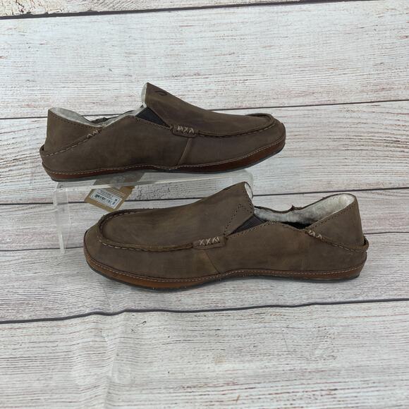 OluKai Moloā Mens Sz 8 Slippers Dark Wood Brown Leather Nubuck Shearling Lining main image 10